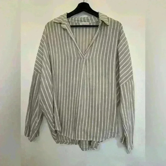 Made in Italy Tops - Made in Italy 100% Linen Pleated Striped Shirt in Tan and White One Size